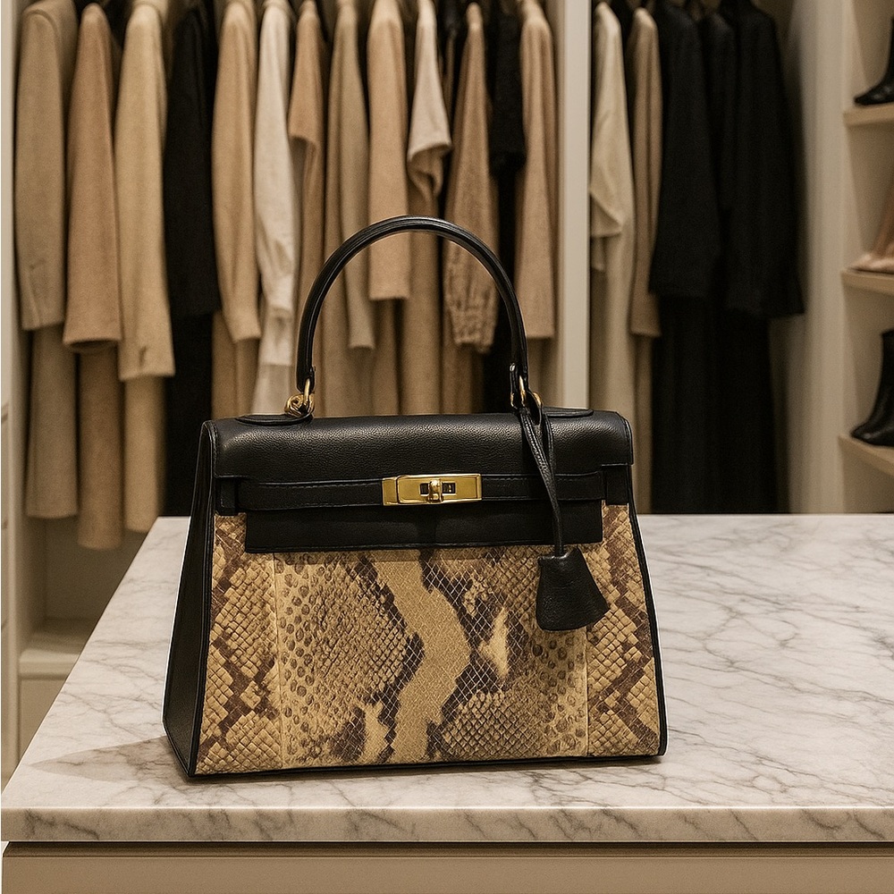 Vintage Box Bag Leather Python Italy Black Lock & Key Too Handle Nordstrom Kelly